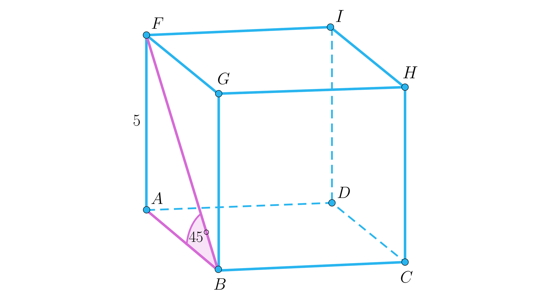 Ilustracja przedstawia graniastosłup prosty, którego podstawą jest romb.  Wierzchołki dolnej podstawy to: A, B, C, D, wierzchołki górnej podstawy to: F, G, H, I. W graniastosłupie zaznaczono przekątną ściany bocznej BF, kąt pomiędzy tą przekątną a krawędzią podstawy to 45  stopni. Krawędź ściany bocznej graniastosłupa ma długość pięć.