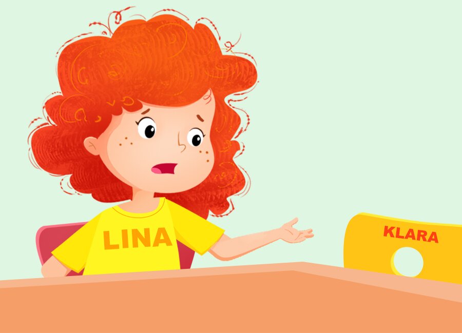 Ilustracja przedstawia Linę, która wskazuje na puste krzesło podpisane jako miejsce Klary.