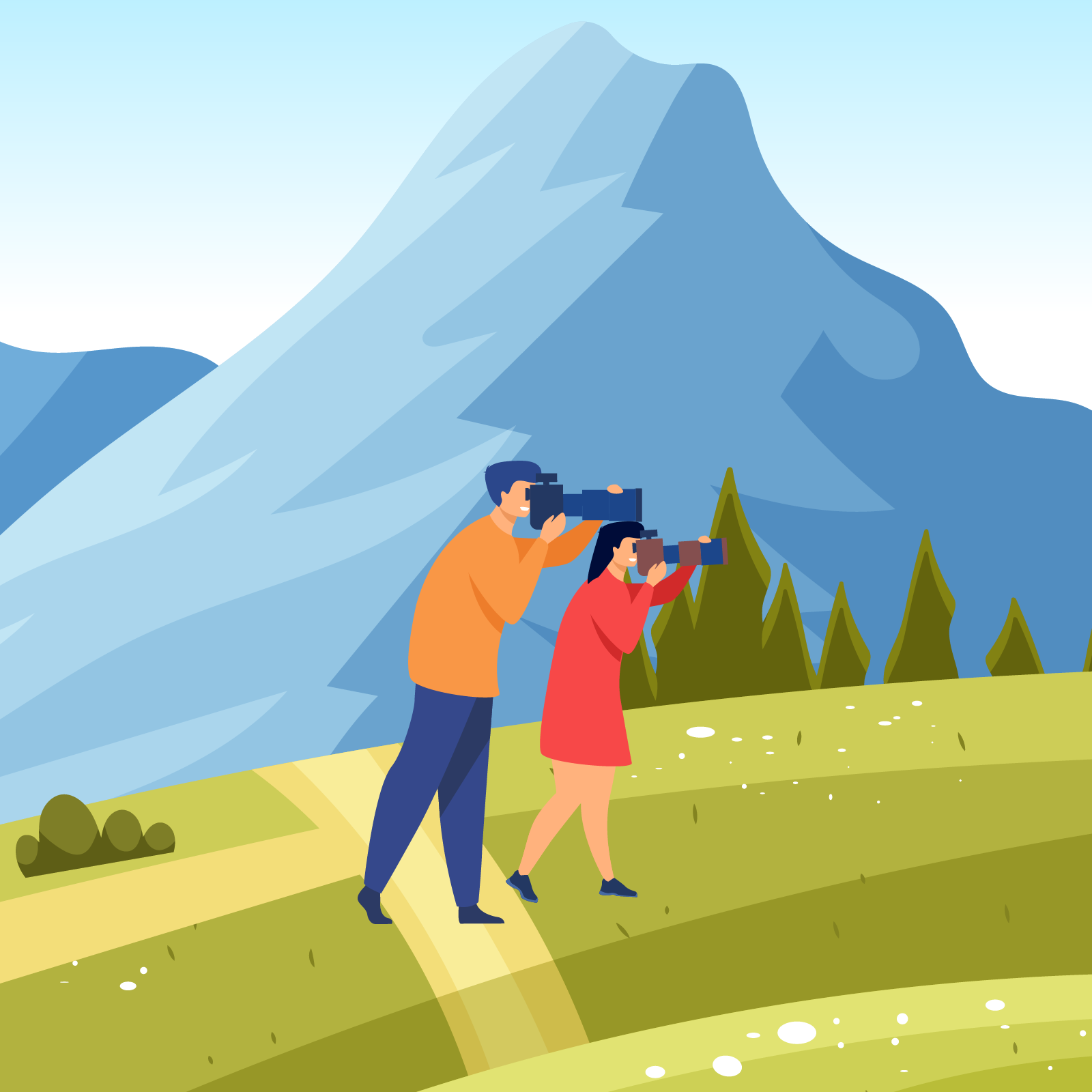 Ilustracja przedstawia dwie osoby robiące zdjęcia w górach. 