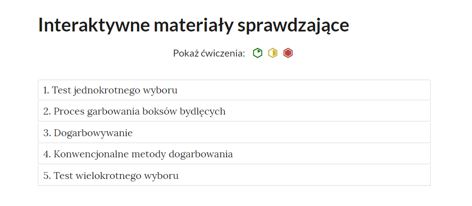 Widok na zakładki z pogrupowanymi ćwiczeniami