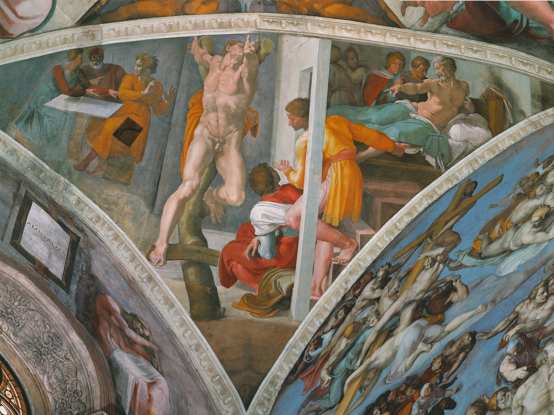 Ilustracja przedstawia fragment fresku. Drugą pendentywę również umieszczono pomiędzy białymi ramami tworzącymi jakby trójkąt z łukowatych linii. Cała namalowana scena znajduje się w jednym budynku, w kilku pomieszczeniach. W centralnej części znajduje się nagi mężczyzna, który przykuty jest do drzewa. Ręce ma rozłożone daleko od siebie, a na jednej dłoni znajduje się przykuty gwóźdź. Po lewej stronie, z tyłu umieszczono scenę, w której trzy osoby siedzą przy stole i gestykulują. Po prawej stronie, obok przykutego mężczyzny znajduje się ściana. Przez otwór w ścianie zagląda kobieta, stojąca na schodach. Obok niej siedzi na schodach mężczyzna. W pomieszczeniu po prawej stronie, na podwyższeniu znajduje się łózko, na którym leży starszy mężczyzna. Wskazuje palcem w stronę wyjścia z pomieszczenia, na stojącą w przejściu kobietę. Za leżącym mężczyzną siedzi jeszcze kilka osób.