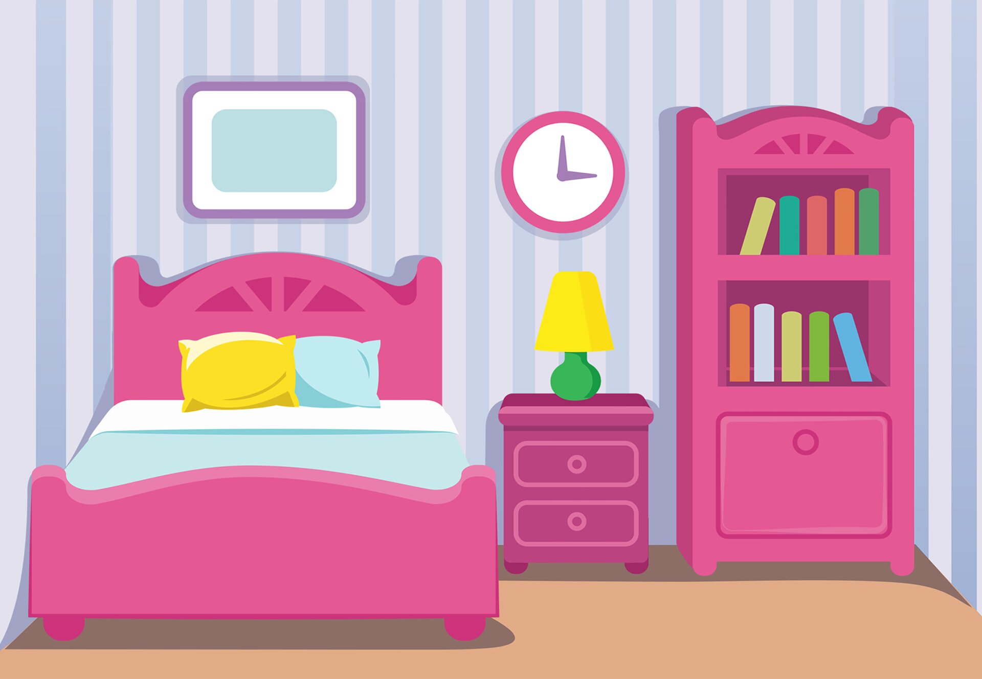Ilustracja przedstawia sypialnię, w której stoi łóżko, szafka i regał. Na ścianie wisi zegar i obraz.