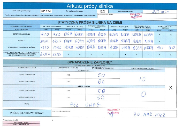 Arkusz statycznej próby silnika