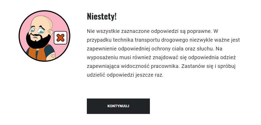 Przykładowy komunikat o nieprawidłowej odpowiedzi
