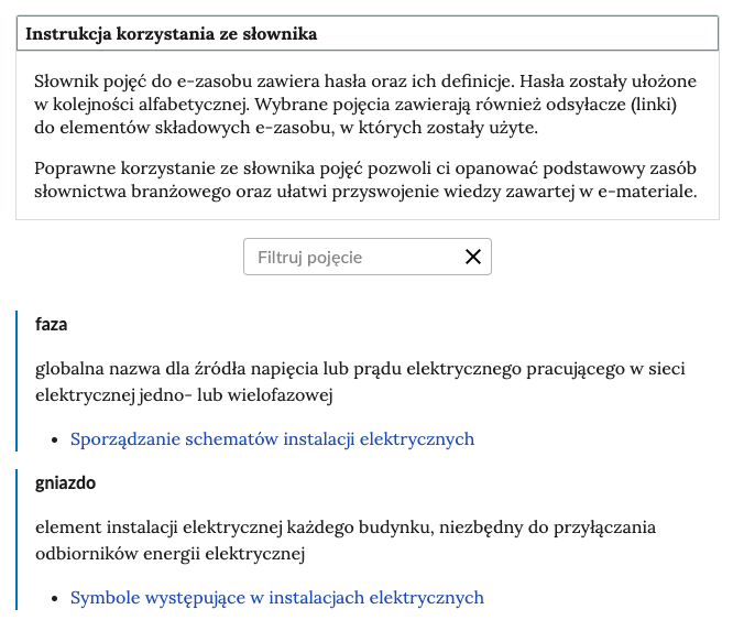 Przykładowy widok otwartej zakładki instrukcji korzystania ze słownika. Pod nazwą zakładki znajduje się prostokątny panel filtruj pojęcie i znak iks. Niżej wypisane są dwa hasła słownikowe, ich definicje oraz rozdziały, w których zostały użyte.