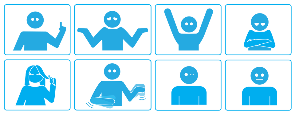 Ilustracja podzielona jest na osiem komór, po cztery w każdym rządzie. W pierwszej komorze widzimy ludzika podnoszącego palec ku górze, jakby zgłaszał swoją uwagę. Kolejna postać rozkłada, w bezradności, ręce na boki. Następna podnosi ręce do góry w geście triumfu. Ostatnia postać w pierwszym rzędzie splata przed sobą ręce. Pierwsza postać w kolejnym rzędzie nawija kosmyk włosów na palec, kolejna porusza rękami, przedostatnia mruga lewym okiem, ostatnia ma naturalny wyraz twarzy‑usta w linii prostej.