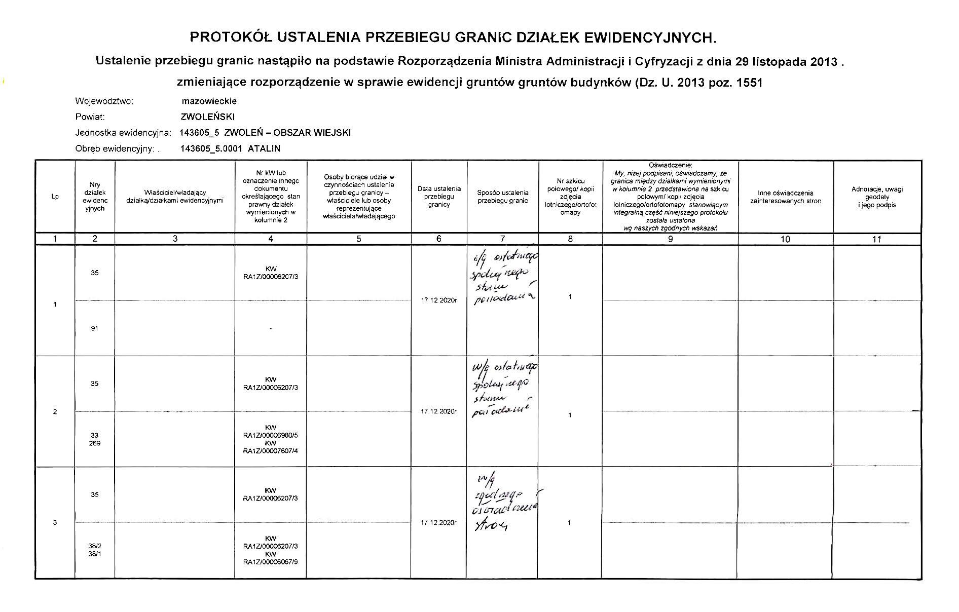 Zdjęcie przedstawia dokument protokołu granicznego, który w nagłówku zawiera informacje o podstawie prawnej ustalenia przebiegu granic, następnie dane lokalizacyjne i identyfikacyjne. Następnie znajduje się tabelka z polami do wypełnienia. 
W kolumnie pierwszej liczba pozycji. 
W kolumnie drugiej numery działek ewidencyjnych. 
W kolumnie trzeciej właściciel ukośnik władający działką łamane działkami ewidencyjnymi. 
W kolumnie czwartej numer księgi wieczystej lub oznaczenie innego dokumentu określającego stan prawny działek wymienionych w kolumnie drugiej. 
W kolumnie piątej osoby biorące udział w czynnościach ustalania przebiegu granicy - właściciel lub osoby reprezentujące właściciela ukośnik władającego. 
W kolumnie szóstej data ustalenia przebiegu granicy. 
W kolumnie siódmej sposób ustalenia przebiegu granicy. 
W kolumnie ósmej numer szkicu polowego łamane kopii zdjęcia lotniczego ukośnik ortofotomapy. 
W kolumnie dziewiątej podpis pod oświadczeniem następującej treści: my, niżej podpisani, oświadczamy, że granica między działkami wymienionymi w kolumnie drugiej przedstawiona na szkicu polowym ukośnik kopii zdjęcia lotniczego ukośnik ortofotomapy stanowiącym integralną część niniejszego protokołu została ustalona według naszych zgodnych wskazań. 
W kolumnie jedenastej inne oświadczenie zainteresowanych stron. 
W kolumnie dwunastej adnotacje, uwagi geodety i jego podpis. 