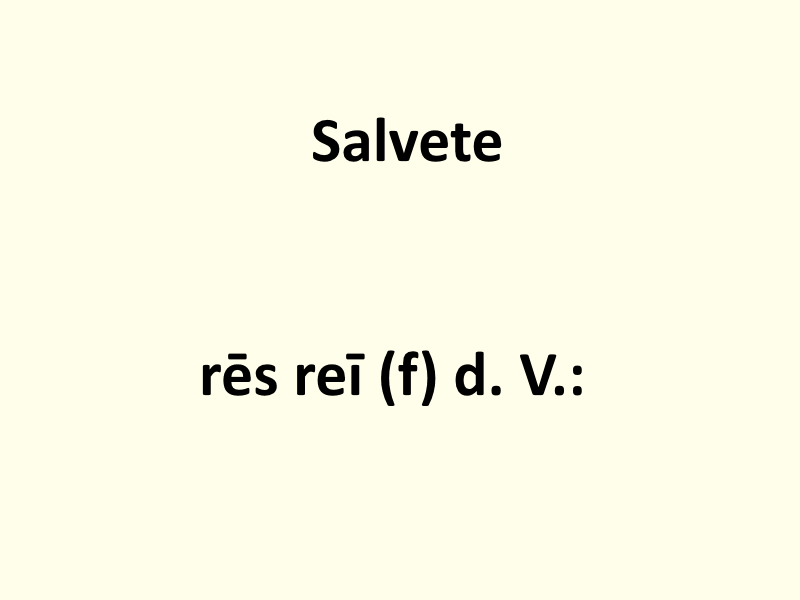 Jasne, kremowe tło. U góry, na środku, duży czarny napis „Salvete”. Niżej, na środku, mniejszy napis „rēs reī” (f) d. V.: z kreskami nad samogłoskami i skrótami w nawiasie.
