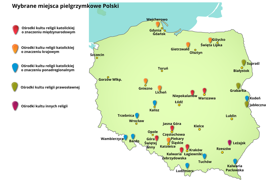 Na mapie zaznaczono wybrane miejsca pielgrzymkowe Polski. Ośrodki kultu religii katolickiej o znaczeniu miedzynarodowym to kalwaria Zebrzydowska, Kraków Łagiewniki, Góra Świętej Anny, Jasna Góra w Częstochowie, Niepokalanów, Warszawa. Ośrodki kultu religii katolickiej o znaczeniu krajowym: Wejherowo, Gniezno, Gietrzwald, Giżycko - Święta Lipka, Licheń, Piekary Śląskie. Ośrodki kultu religii katolickiej o znaczeniu ponadregionalnym: Kodeń, Trzebnica, Wambierzyce, Bardo, Kalisz, Tuchów, Ludźmierz, Kalwaria Pacławska. Ośrodki kultu religii prawosławnej: Supraśl, Grabarka, Jabłeczna. Ośrodki kultu innych religii: Leżajsk.        