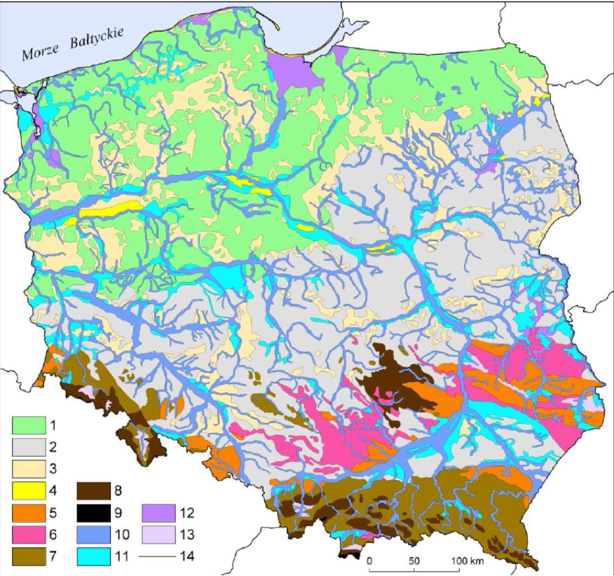 Na mapie Polski zaznaczono krajobrazy naturalne. Na południu kraju, na południowym zachodzie i w rejonie Gór Świętokrzyskich to krajobrazy wyżyn i niskich gór - krzemianowe, glinokrzemianowe, erozyjne oraz krajobrazy gór średnich i wysokich - wysokogórskie - erozyjne i glacjalne. W Tatrach zaznaczono krajobrazy gór średnich i wysokich - wysokogórskie - erozyjne i glacjalne. Pas przebiegający centralnie przez Polskę z zachodu na wschód to głównie krajobraz nizin - peryglacjalny. W pobliżu rzek występuje krajobraz nizin - fluwioglacjalny. W północnej część kraju występuje krajobraz nizin, ale glacjalny. W pobliżu rzek jest krajobraz nizin fluwioglacjalny. Na północy, między innymi przy ujściu Wisły i Drwęcy, jest krajobraz dolin i obniżeń - deltowy i równin bagiennych. Krajobraz wyżyn i niskich gór węglanowych i gipsowych, erozyjnych występuje na Wyżynie Lubelskiej i Małopolskiej. Krajobrazy dolin i obniżeń - tarasów akumulacyjnych - akumulacyjne to głównie w pobliżu rzek w centralnej Polce, na zachodzie, na wschodzie i na południowym wschodzie. Krajobrazy Krajobrazy wyżyn i niskich gór - lessowe - eoliczne - południe województwa opolskiego, południowo‑wschodnia część kraju. Krajobrazy nizin - eoliczne - rejon Warty i Wisły w okolicach Torunia. Rzeki to krajobraz dolin o obniżeń - zalewowych den dolin - akumulacyjne.          