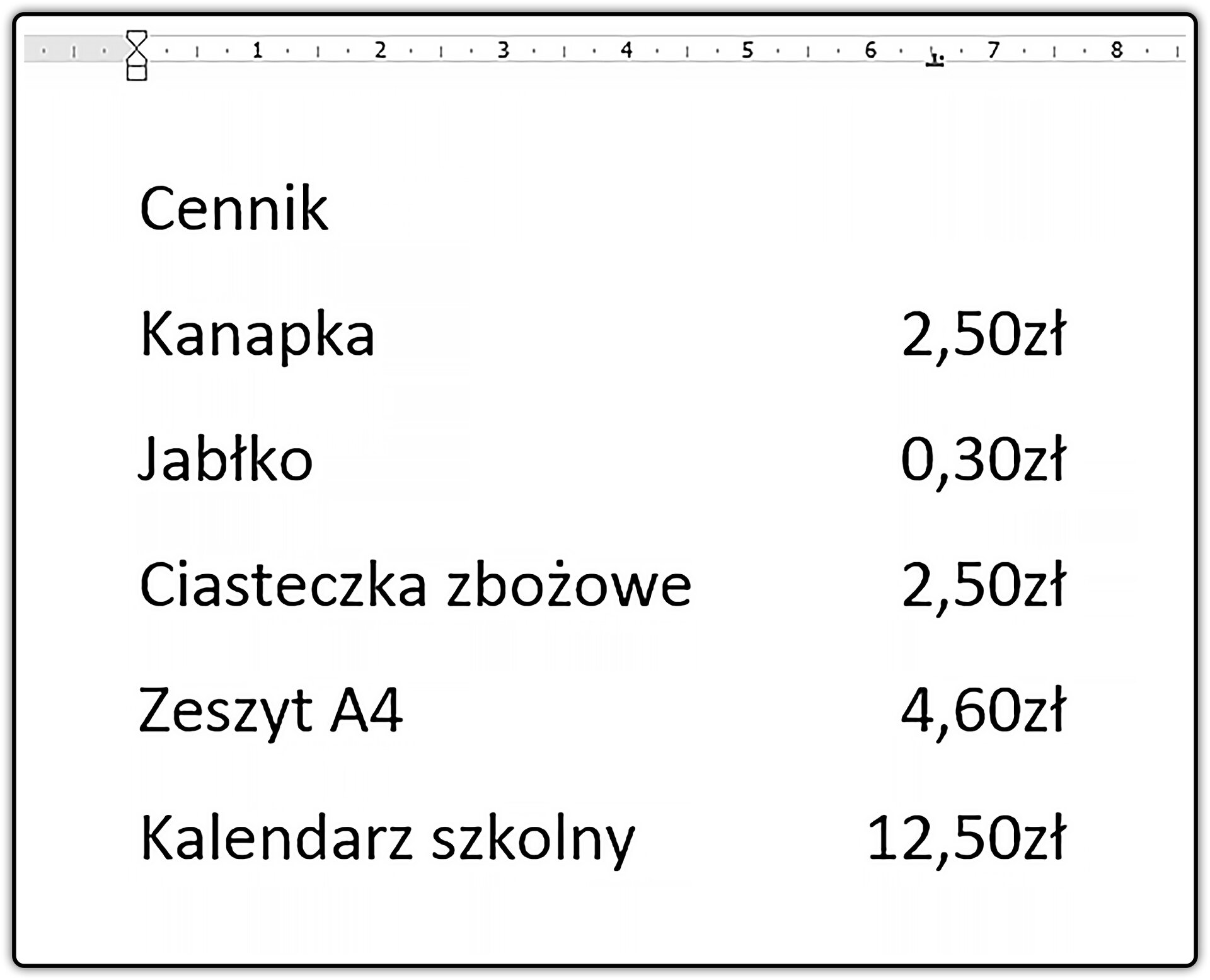 Zrzut dokumentu z fragmentem cennika sklepiku szkolnego wykonany z użyciem tabulatorów