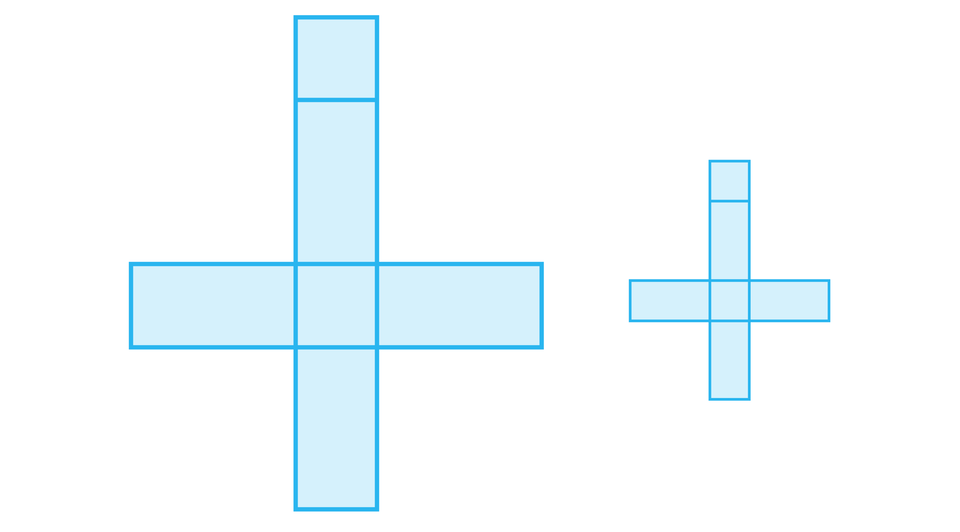 Ilustracja przedstawia dwie siatki prostopadłościanu. Pierwsza z nich składa się z dwóch kwadratów i czterech prostokątów ułożonych w następujący sposób: na środku znajduje się kwadrat, do każdej z jego ścian krótszym bokiem przylega prostokąt, do drugiej krótszej krawędzi prostokąta który znajduje się od góry środkowego kwadratu przylega drugi kwadrat. Obok znajduje się mniejsza siatka o takim samym kształcie. 