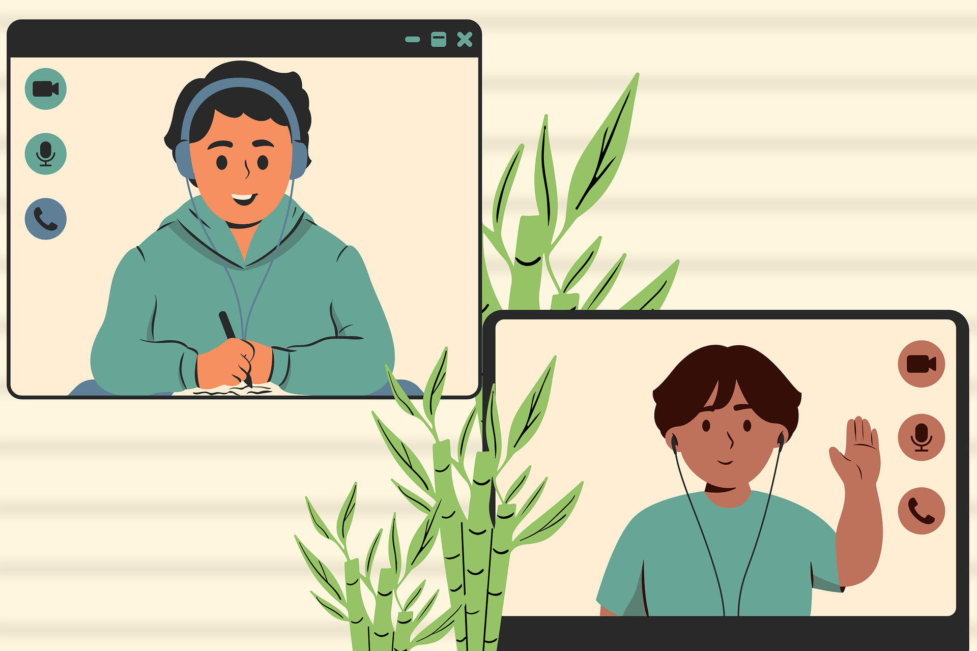 Ilustracja przedstawia dwie grafiki ekranów podczas wideo rozmowy. Postać na jednym ekranie ma słuchawki na uszach i uśmiechając się pisze coś w notatniku. Postać na drugim ekranie ma słuchawki w uszach i macha lewą ręką.