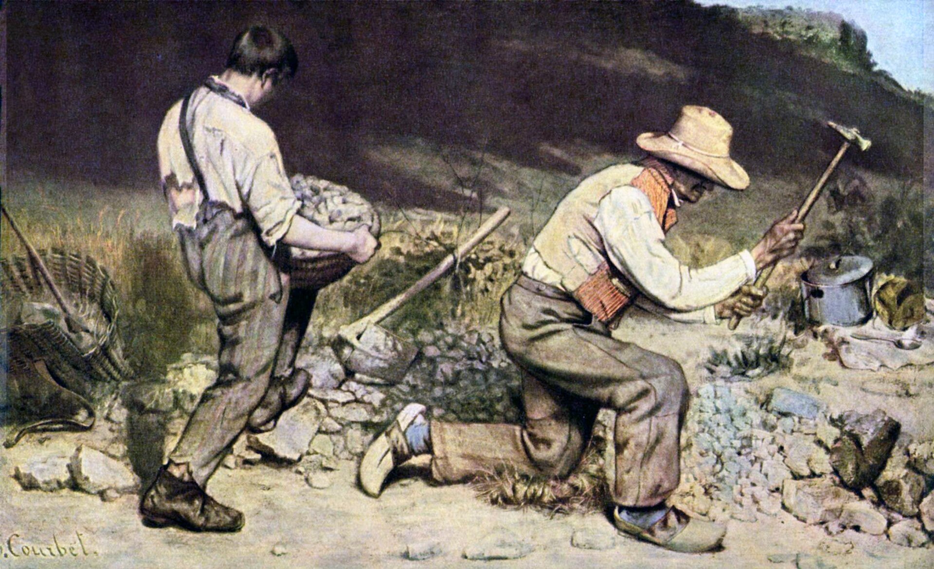 Obraz autorstwa Gustave Courbet pod tytułem „Kamieniarze” przedstawia dwóch pracujących mężczyzn. Mężczyzna stojący po lewej stronie obrazu trzyma w rękach kosz wypełniony kamieniami. Po prawej stronie obrazu znajduje się klęczący mężczyzna trzymający w rękach młot. W tle obrazu znajduje się duża ilość głazów.