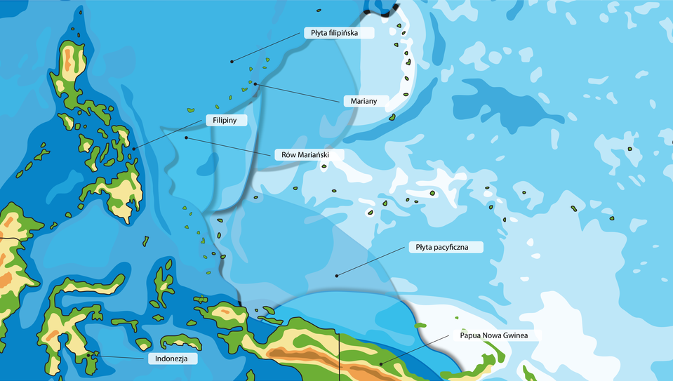 Na mapie przedstawiono Filipiny, Mariany, Indonezję i Papuę Nową Gwineę. Oznaczono płytę filipińską, na której przestrzeni znajdują się wszystkie wymienione wyspy, z tym że archipelag Marianów znajduje się na obrzeżu tej płyty. Pod Marianami, a na wschód od Filipin znajduje się Rów Mariański. Płyta pacyficzna natomiast oznaczona jest na obszarze od Rowu Mariańskiego po teren na północ od Papui Nowej Gwinei.