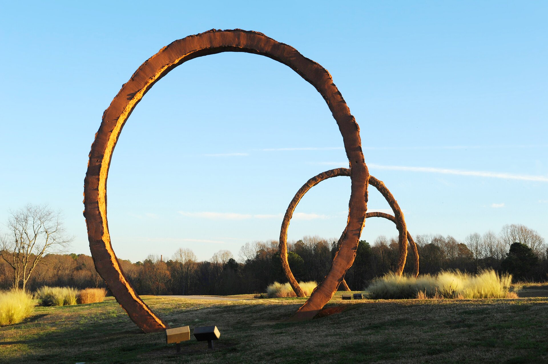 Zdjęcie prezentuje na tle błękitnego nieba osadzone na trawie dużych rozmiarów trzy okręgi, w kolorze rudo brązowym. Są oddalone od siebie o kilka metrów. Dookoła wysokie trawy i niskie krzewy, w oddali gęsto rosnące drzewa.