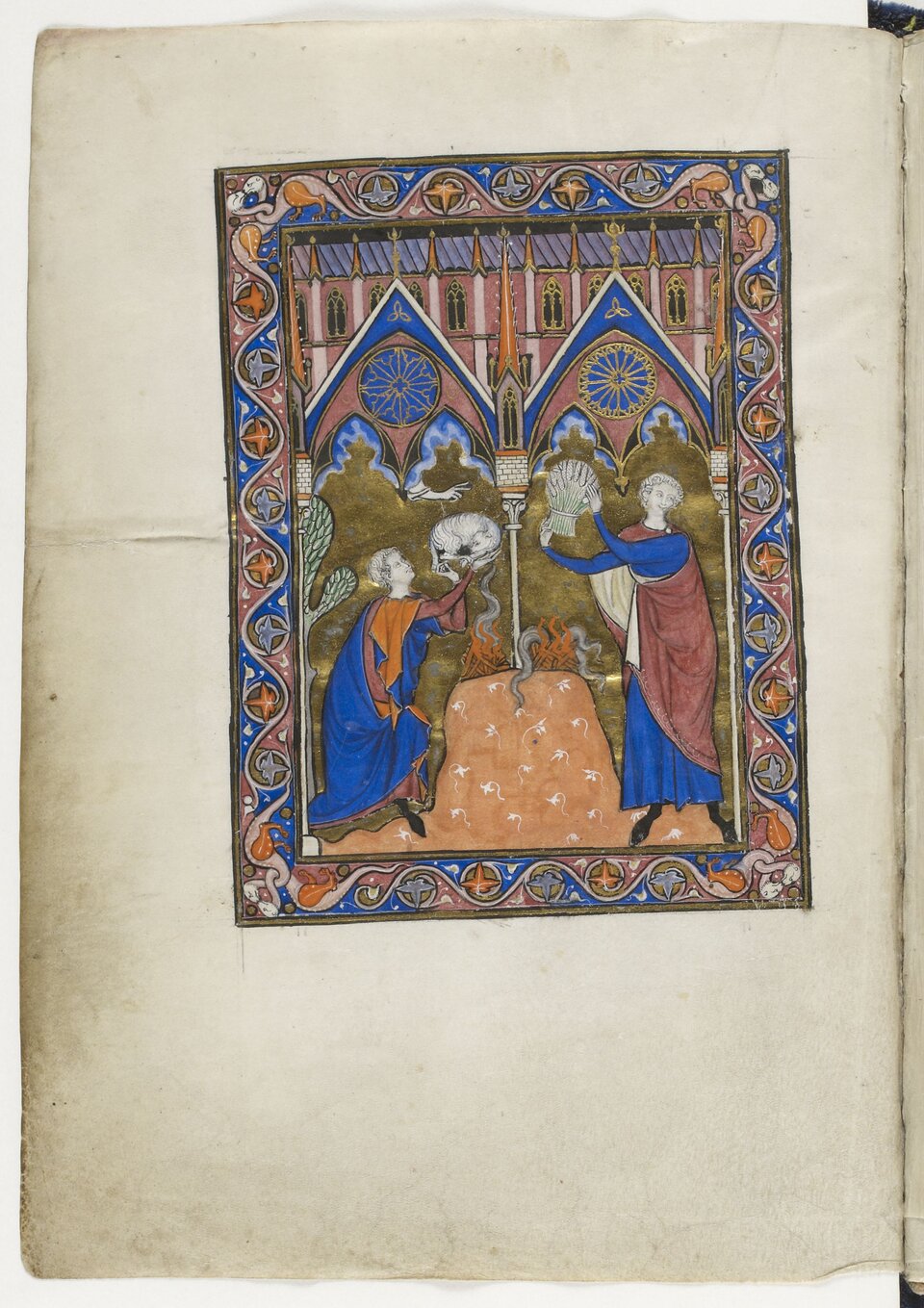 Ilustracja o kształcie pionowego prostokąta przedstawia kartę z Psałterza św. Ludwika z miniaturą ofiary Kaina i Abla na tle czystej stronicy księgi. Ukazuje dwie postacie w dynamicznych pozach, na tle architektonicznego pejzażu. Bracia ubrani są w swobodne, luźne szaty. Nad nimi znajdują się gotyckie, maswerkowe szczyty, za którymi widnieje fragment budowli. Miniatura otoczona jest szerokim pasem z motywami roślinnymi. W ilustracji dominuje kolorystyka niebieska i czerwona. 