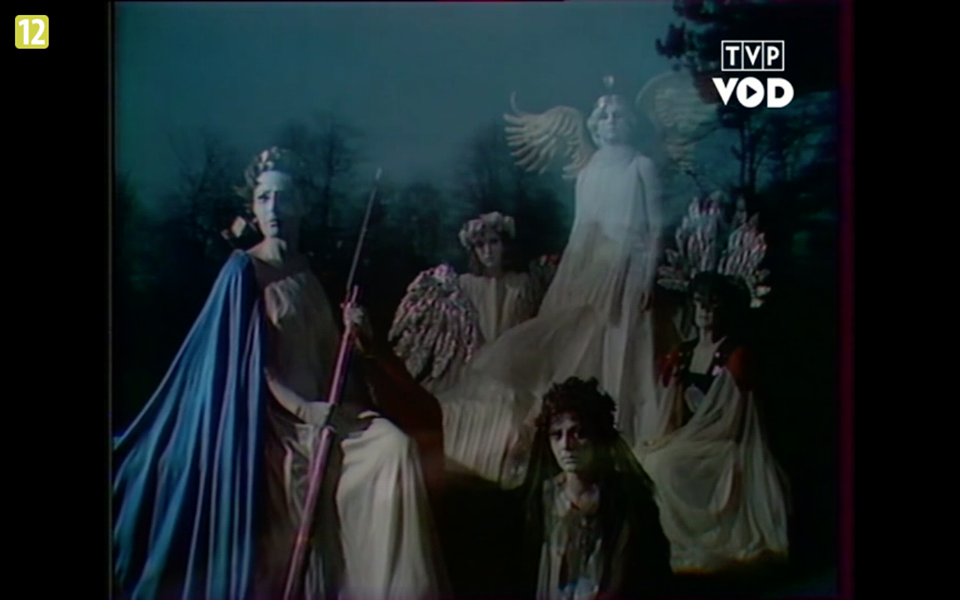 Fotografia przedstawia nakładające się na siebie dwa obrazy. Ukazane są tutaj cztery siedzące kobiety jedna stojąca. Mają na głowach wianki uplecione z kwiatów. Na ich twarzą maluje się powaga. Są wyprostowane. Patrzą przed siebie. Ubrane są w długie, luźne szaty. Postać siedząca po prawej stronie dodatkowo ma pelerynę na plecach. W dłoniach trzyma bagnet. Trzy siedzące kobiety ukazane są po prawej stronie. Wśród nich stoi uskrzydlona kobieta. Jej skrzydła są uniesione i rozłożone. Ma jasne włosy sięgające żuchwy. Jej głowę zdobi diadem. Postać opuszcza ręce wzdłuż ciała. Postaci ukazane po prawej stronie patrzą na nas. W tle znajdują się bezlistne drzewa. Panuje mrok.