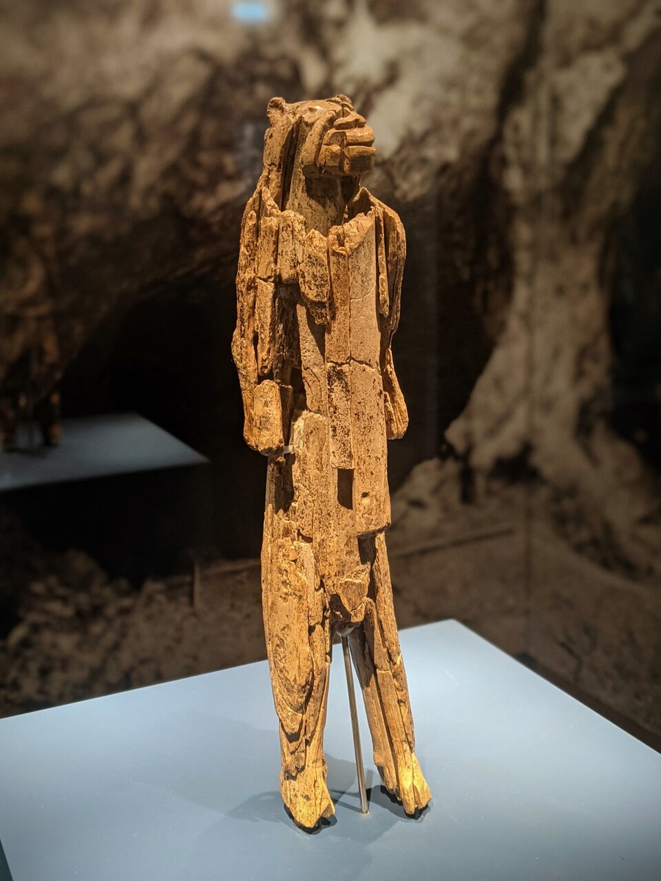 Ilustracja przedstawia rzeźbę paleolityczną człowieka‑lwa. jest w pozycji stojącej, ma głowę lwa i szerokie barki, masywny tułów oraz nogi człowieka. Głowa postaci jest skierowana przed siebie. Fotografia rzeźby ukazana jest na ciemnoszarym tle. 