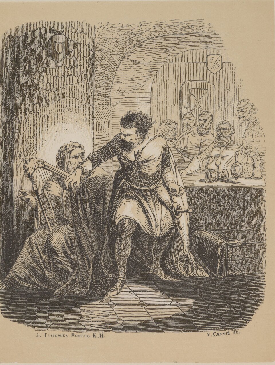 Ilustracja przedstawia wnętrze niewielkiej sali. Na pierwszym planie znajduje się w niej dwóch mężczyzn. Siedzący po lewej stronie starzec w długiej szacie i laurowym wieńcu na głowie. Starzec gra na trzymanej na kolanach lirze. Odwraca głowę do stojącego po jego lewej stronie dojrzałego mężczyzny. Mężczyzna ten wyciąga prawą dłoń w kierunku liry. Ubrany jest w długi kaftan, obcisłe pończochy, na ramionach ma pelerynę, na stopach duże ciżmy. Przy lewym jego boku zawieszony jest miecz. Obok niego leży przewrócony stołek. Na drugim planie znajduje się przy stole grupa pięciu mężczyzn. Jeden z nich siedzi przy stole, reszta stoi.