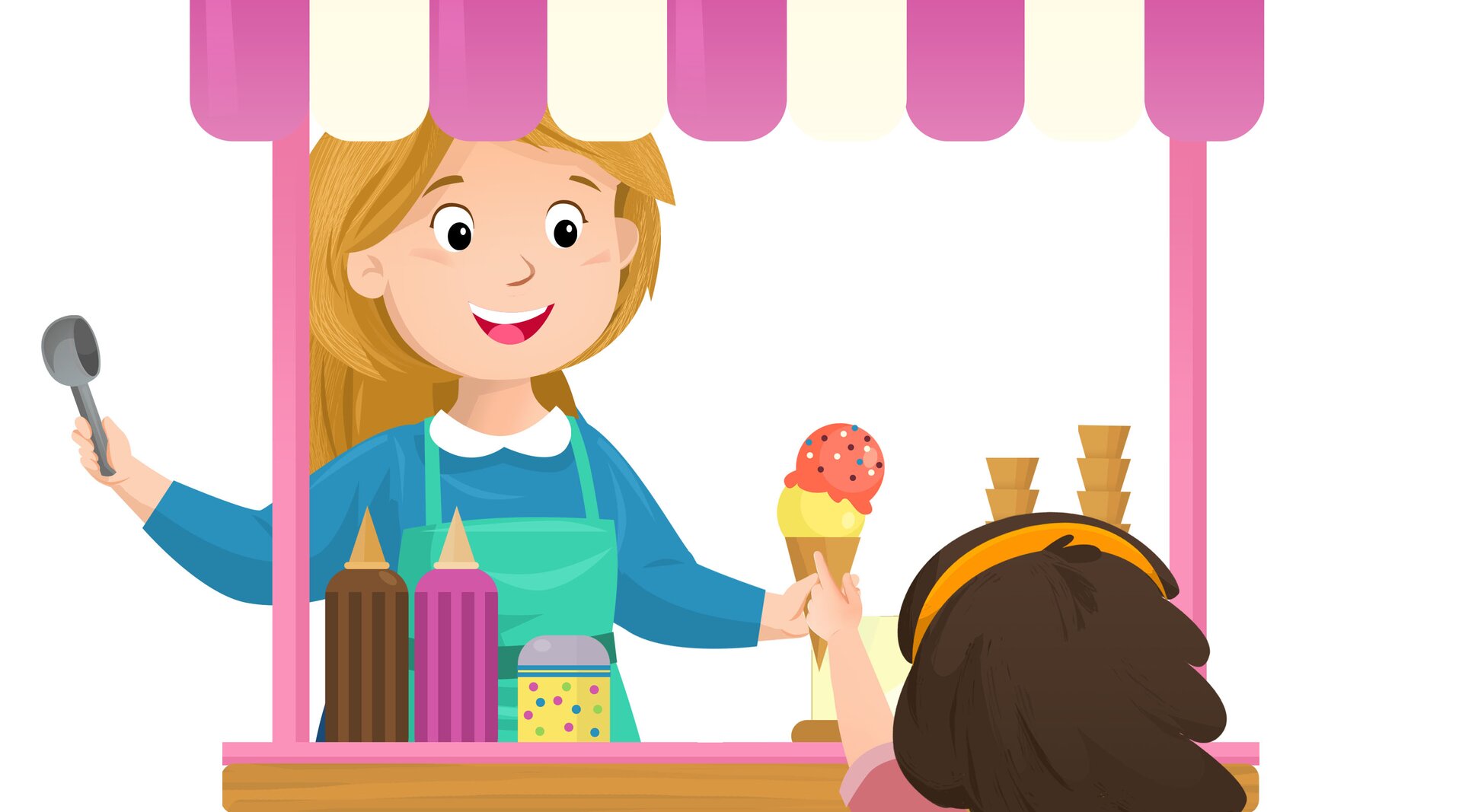 Na ilustracji znajduje się stoisko z lodami, przy którym dziewczynka kupuje lody.