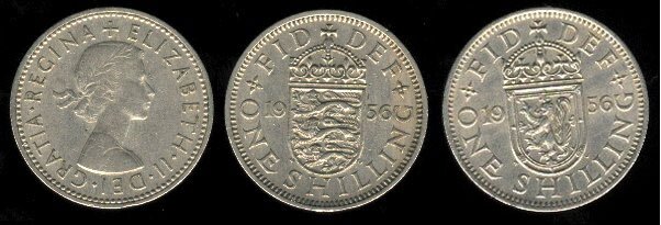 Zdjęcie przedstawia trzy srebrne monety - Szylingi brytyjskie z 1956.