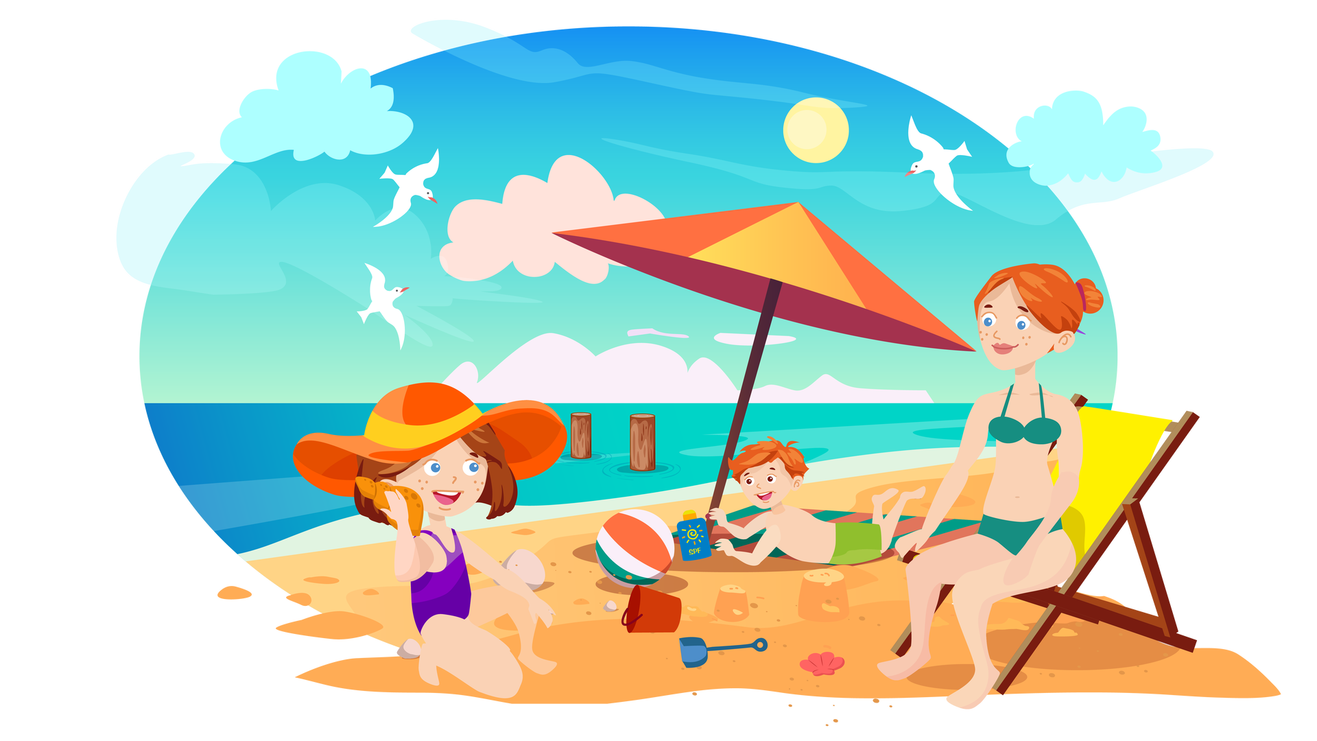 Ilustracja przedstawia krajobraz nadmorski. W tle rozciąga się błękitne niebo ze słońcem i jasnymi chmurami. Lecą po nim trzy białe ptaki o pomarańczowych dziobach. Są to mewy. Poniżej widać fragment morza, a na pierwszym planie plażę. Po prawej stronie ilustracji jest rozstawiony żółto‑brązowy leżak, na którym siedzi mama Franka i Mai. Jest ubrana w ciemnozielony dwuczęściowy kostium kąpielowy. Patrzy na kucającą, po lewej stronie ilustracji, Maję, która odwzajemnia spojrzenie mamy i szeroko się uśmiecha. Dziewczynka jest ubrana w fioletowy jednoczęściowy kostium kąpielowy. Na głowie ma duży pomarańczowy kapelusz, który okala żółta wstążka. Do prawego ucha przykłada dużą muszlę, którą trzyma w dłoni. Pomiędzy mamą a Mają, nieco w oddali, jest rozłożony prostokątny koc w czerwono‑zielone pasy. Leży na nim szeroko uśmiechnięty Franek ubrany w jasnozielone spodenki kąpielowe. Wyciąga ręce w kierunku stojącego na piasku granatowego opakowania kremu z filtrem przeciwsłonecznym. Obok chłopca wbity jest w ziemię żółto‑pomarańczowy parasol dający niewielki cień. Dalej leży piłka plażowa w czerwone, ciemnozielone i białe pasy. Przed piłką są dwie babki z piasku, a obok nich leży przewrócone czerwone wiaderko, ciemnoniebieska łopatka i różowa muszelka.
