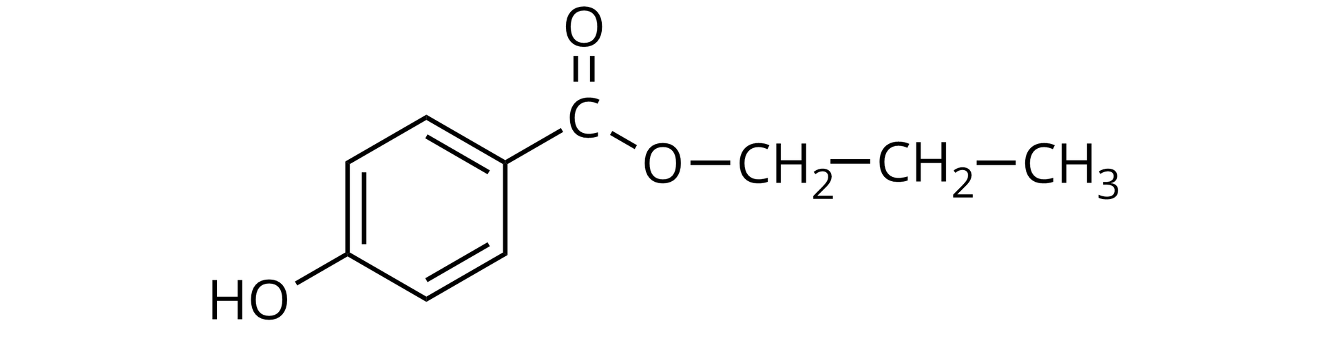 Ilustracja przedstawiająca wzór 4-hydroksybenzoesanu propylu zbudowanego z sześcioczłonowego pierścienia aromatycznego podstawionego grupą hydroksylową OH w pozycji czwartej oraz w pozycji pierwszej atomem węgla połączonym za pomocą wiązania podwójnego z atomem tlenu oraz za pomocą wiązania pojedynczego z drugim atomem tlenu związanym z grupą propylową CH2CH2CH3.