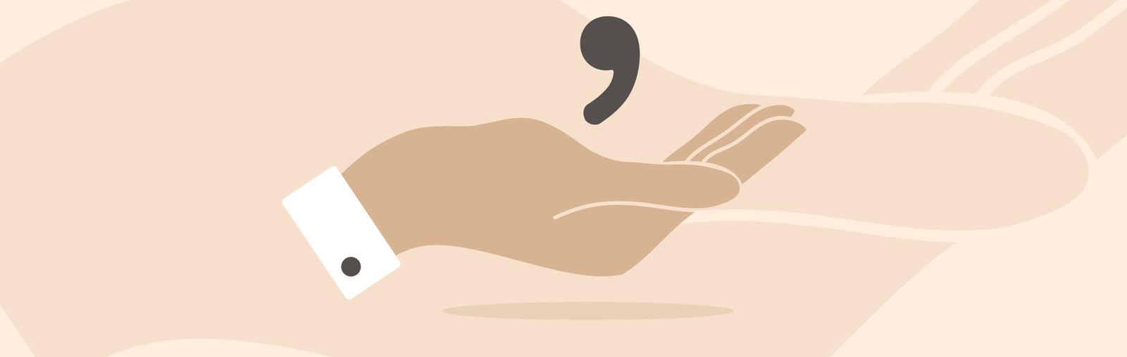 Ilustracja przedstawia dłoń z profilu, nad którą znajduje się szary przecinek. Wokół nadgarstka widoczny jest biały mankiet z szarym guzikiem. Tło stanowi powiększony obraz tej samej dłoni w różowym kolorze.