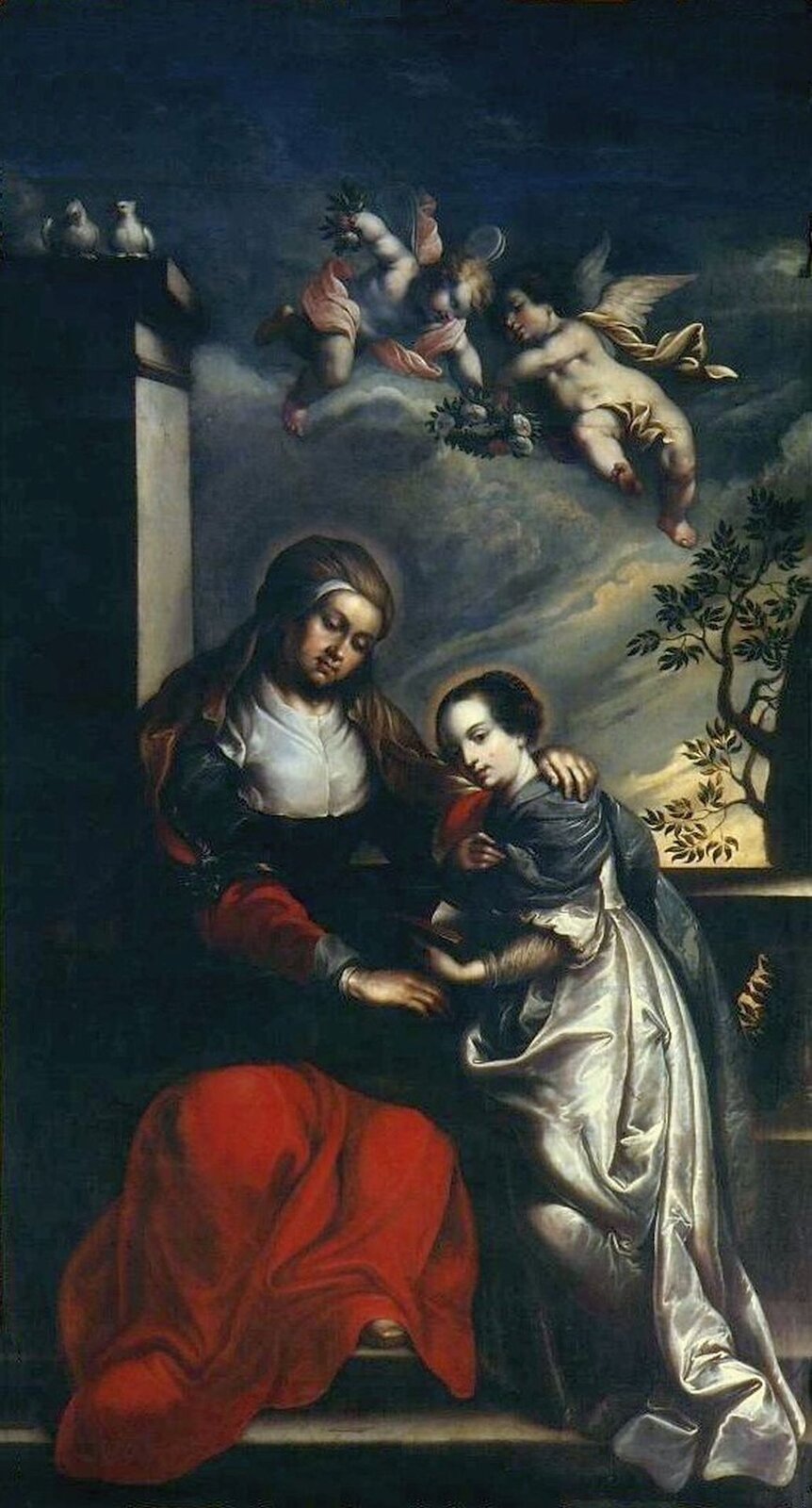 Ilustracja przedstawia obraz Franciszka Lekszyckiego „Edukacja Dziewicy Maryi”. Ukazuje dwie postacie siedzące na ławce: kobietę i dziewczynkę, ujęte w spokojnej, kameralnej scenie. Na ławce siedzi kobieta z dziewczynką. Kobieta ma długie, brązowe włosy, białą bluzkę i czerwoną spódnicę; głowę skłoniła lekko w stronę dziewczynki. Dziewczynka ma krótkie ciemne włosy, białą suknię i ciemnoniebieski szal. Kobieta lewą rękę położyła na jej ramieniu, a prawą wyciąga w dół, jakby wskazywała lub podawała coś poza kadrem. Po prawej stronie widać ciemny zarys drzewa, a po lewej kolumnę, na której siedzą dwa białe gołębie. Nad kobietą i dziewczynką unoszą się dwa amorki, trzymające wieńce i kwiaty, otoczone miękkimi obłokami.