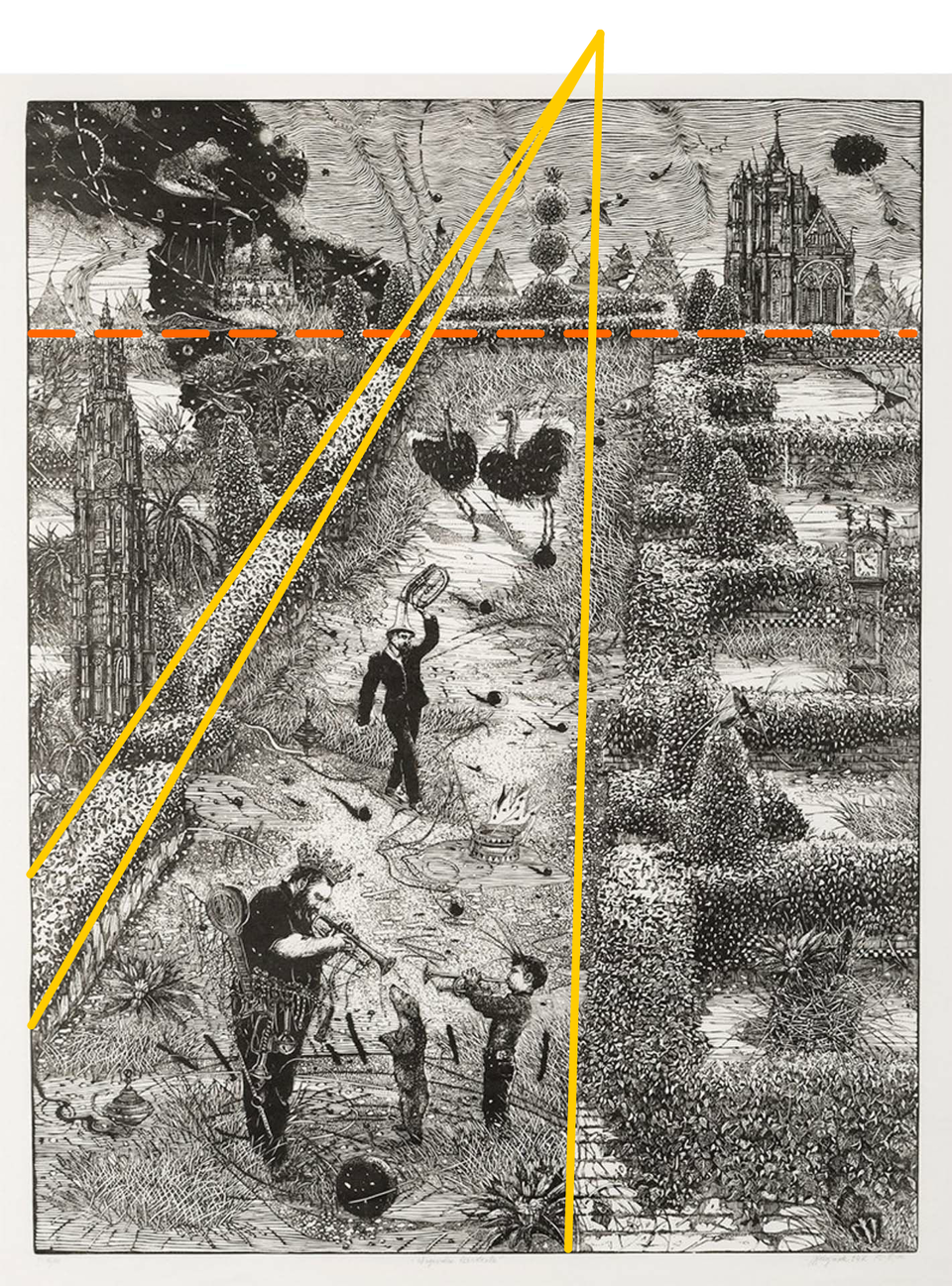 Ilustracja przedstawia linoryt. Przedstawiono na nim fantastyczny ogród z formowanymi żywopłotami i miniaturowymi zamkami. Na pierwszym planie ukazani są dwaj muzykanci, mężczyzna i chłopiec, którzy grają na trąbkach tańczącemu psu. Za nimi idzie mężczyzna z puzonem na głowie, a za nim biegną dwa strusie. W oddali bajkowe zamki i niebo z morskimi falami zamiast chmur. Górna granica ogrodu została zaznaczona przerywaną pomarańczową linią. Brzegi ogrodowej alejki są zaznaczone żółtymi liniami ciągłymi które łączą się na górze linorytu.