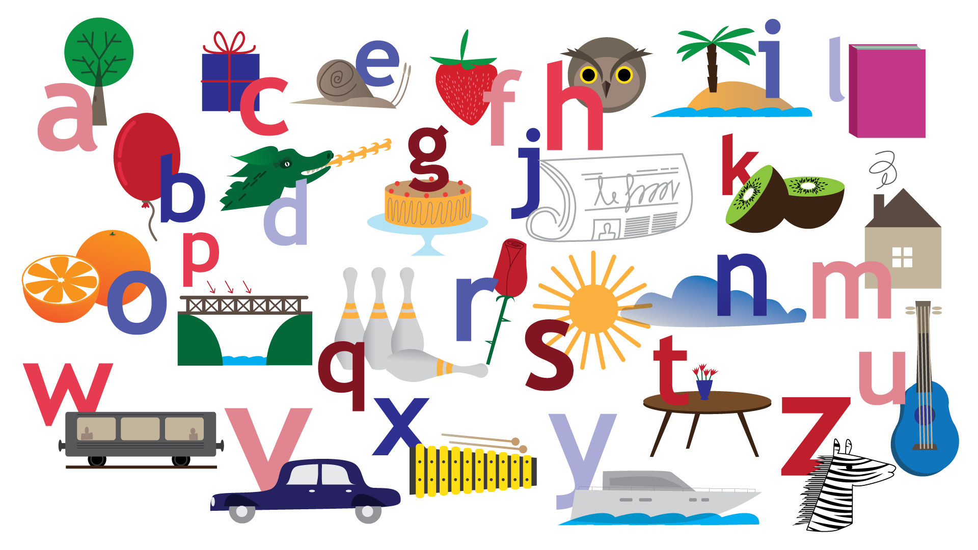 Zdjęcie przedstawia litery alfabetu wraz z rysunkami. Litera a z drzewem. Litera b z balonem. Litera c z prezentem. Litera d ze smokiem ziejącym ogniem. Litera e ze ślimakiem. Litera f z truskawką. Litera g z tortem. Litera h z sową. Literą i z wyspą, na której rośnie palma. Litera j z gazetą. Litera k z kiwi. Litera l z książką. Litera m z domem. Litera n z chmurą. Litera o z pomarańczą. Litera p z mostem nad rzeką. Litera r z różą. Litera s ze słońcem. Litera q z kręgami. Litera t ze stolikiem, na którym stoją kwiaty. Litera u z gitarą. Litera w z pociągiem. Litera v z samochodem. Litera x z cymbałkami. Litera y z jachtem na wodzie. Litera z z zebrą.