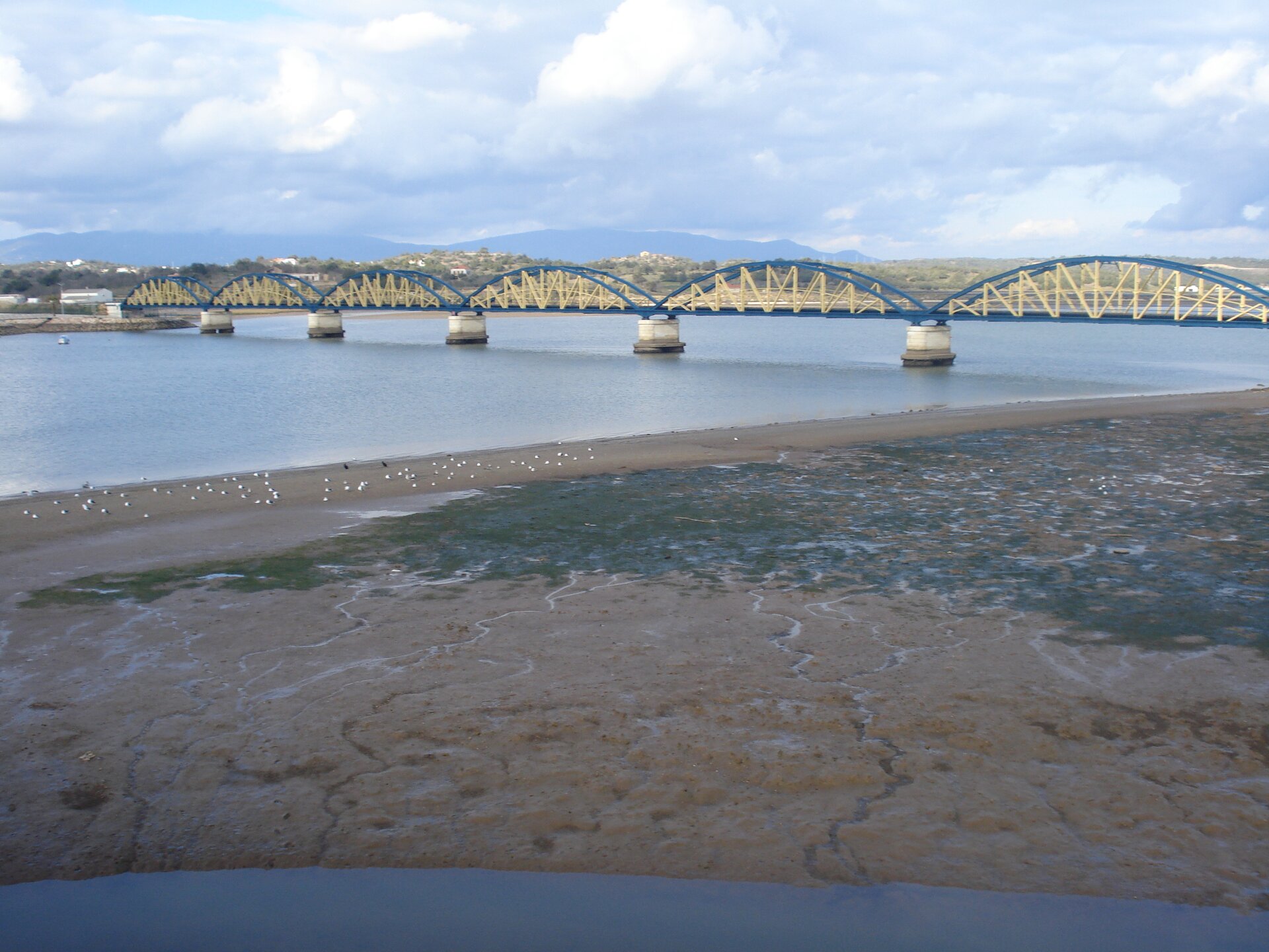 Na zdjęciu rzeka, wyschnięte brzegi, muł, strużki wody w mule. Metalowy most. Na drugim brzegu zabudowania, dalej góry.