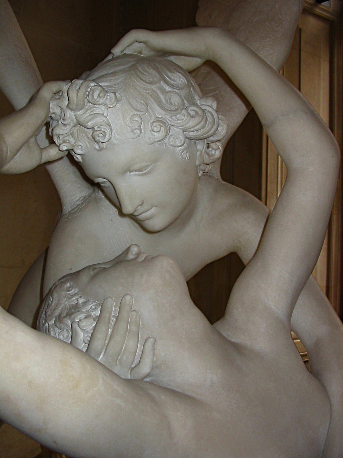 Zdjęcie przedstawiające w dużym zbliżeniu scenę przed pocałunkiem Kupidyna i Psyche. Widać tylko ich twarze i nagie ramiona. Kupidyn i Psyche obejmują się, on przytrzymuję jej głowę, znajdującą się poniżej jego twarzy, ona odchyliła się i uniosła ręce do góry, obejmując jego głowę. Bóg ma wzrok skierowany na twarz ukochanej. Kupidyn ma skrzydła i kręcone włosy, lekko kręcone włosy ma też Psyche.