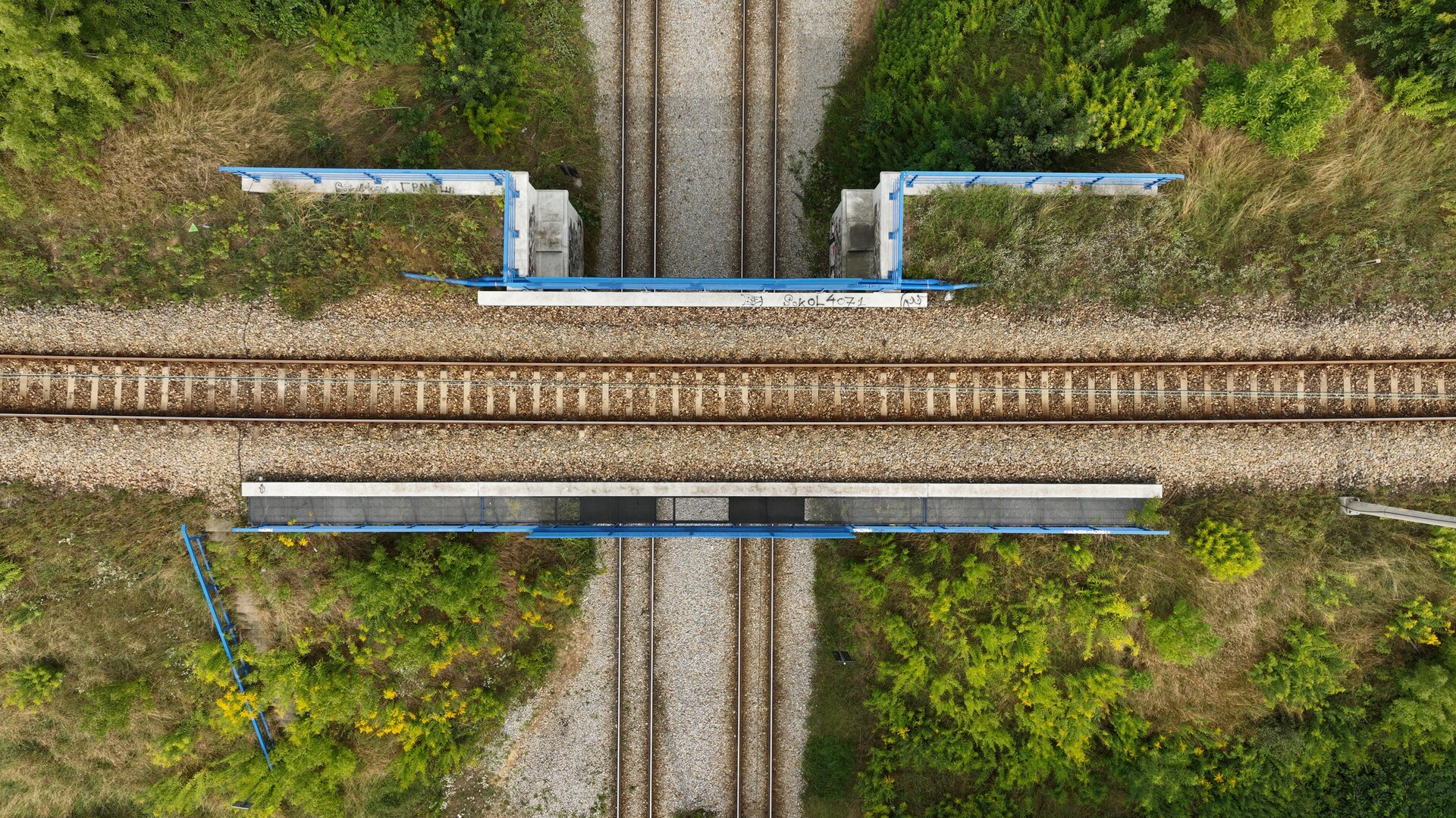 Zdjęcie przedstawia wiadukt belkowy oparty na dwóch filarach. Przez wiadukt przechodzi jeden tor kolejowy, a na jego powierzchni znajdują się niebieskie barierki zabezpieczające. Pod wiaduktem przebiega torowisko składające się z dwóch torów. Otoczenie wiaduktu jest zalesione.