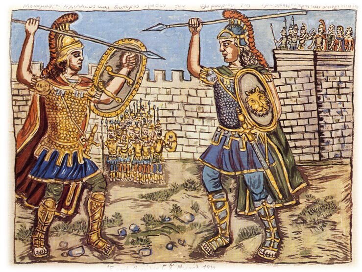 Ilustracja przedstawia dwu walczących mężczyzn. Stoją naprzeciw siebie. Obydwaj mają identyczne zbroje i broń. Każdy w wyciągnietej rece trzyma włócznię skierowaną w przeciwnika; osłąniaj się tarczami. Stoją przed murami miasta. Pod murem oraz na murze znajduje się gromada żołnierzy obserwujących pojedynek. 