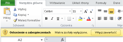 Ilustracja przedstawia fragment okna programu. W menu na zielono zaznaczono Plik. Poniżej paska menu informacja na żółtym pasku: Ostrzeżenie o zabezpieczeniach. makra zostały wyłączone. Obok przycisk: Włącz zawartość. 