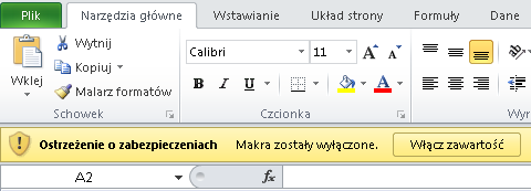 Ilustracja przedstawia fragment okna programu. W menu na zielono zaznaczono Plik. Poniżej paska menu informacja na żółtym pasku: Ostrzeżenie o zabezpieczeniach. makra zostały wyłączone. Obok przycisk: Włącz zawartość.
