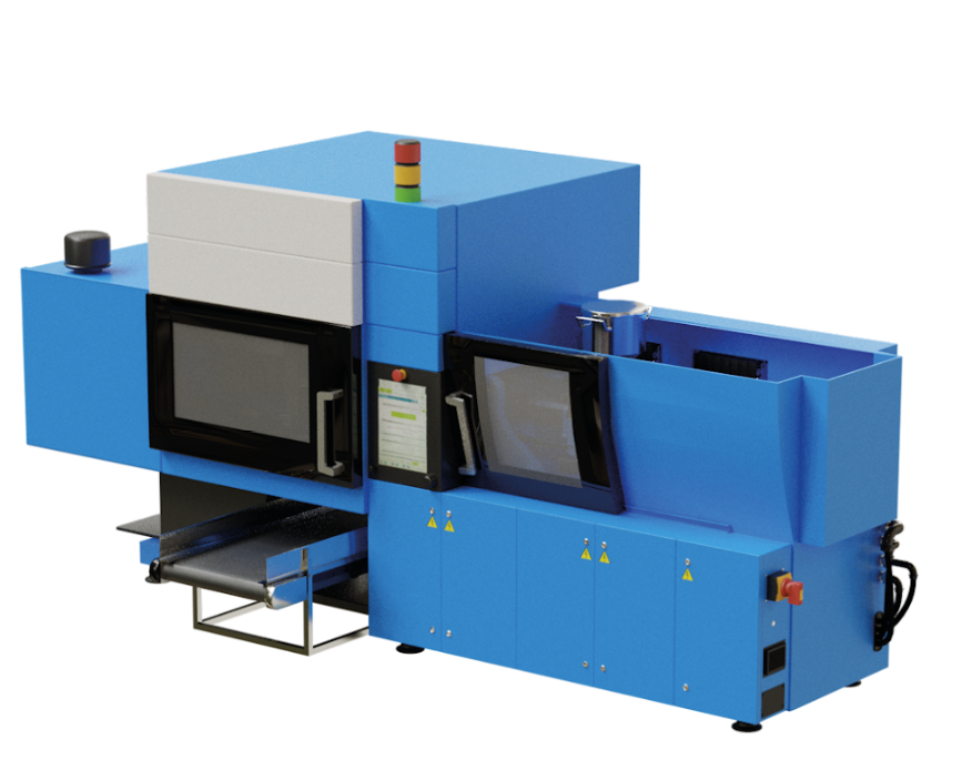 Ilustracja przedstawia wtryskarkę. To duże, obudowane stalą urządzenie, w którym za specjalnymi drzwiczkami znajduje się podgrzewany cylinder. 