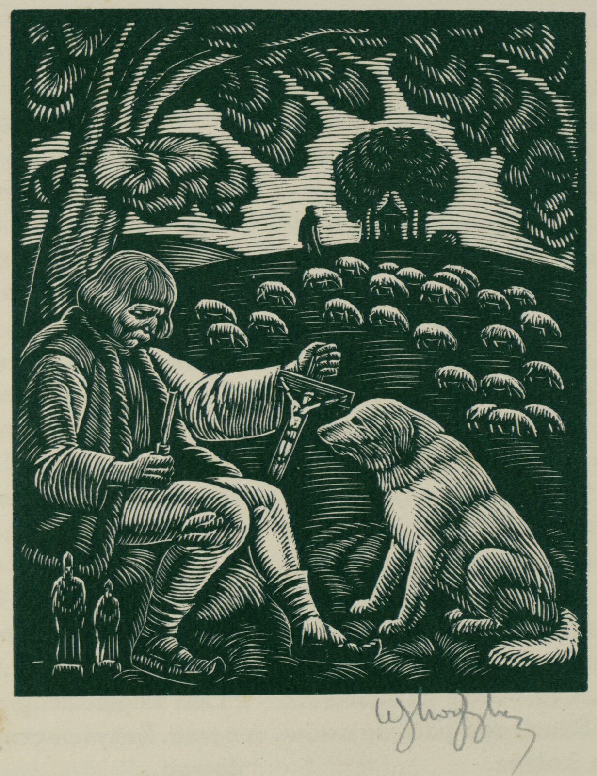 Drzeworyt przedstawia scenę na łonie natury. Wykonany jest w ciemnozielonym kolorze. Na pierwszym planie znajduje się mężczyzna siedzący przy drzewie. Drzewo rośnie po lewej stronie, a jego liście tworzą łuk na górze pracy. Mężczyzna trzyma w lewej, wyciągniętej ręce krzyż z ukrzyżowanym Jezusem, którego opiera na kolanie. W prawej ręce trzyma dłuto. Ma na sobie tradycyjny strój zakopiański - kamizelkę z futrem i skórzane buty, zawinięte na czubkach do góry. Ma włosy do ramion i grzywkę na czole, wąsy. Wzrok ma zwrócony w dół. Obok niego stoją wyrzeźbione jeszcze dwie postacie. Przed nim siedzi pies, zwrócony w stronę mężczyzny. Za nimi znajduje się pole na wzgórzu, po którym chodzą owce. Na szczycie wzgórza znajduje się kapliczka. Po jej lewej stronie stoi mężczyzna. Praca posiada ramkę z niewypełnionego papieru, a w prawym dolnym rogu znajduje się podpis.