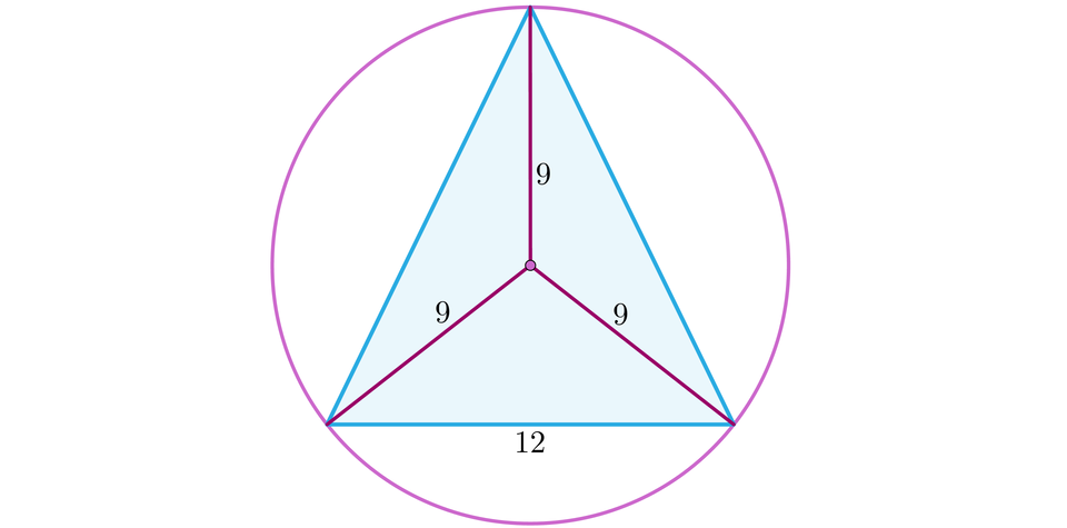 Zaznaczono trójkąt o podstawie 12 wpisany w okrąg. Promienie okręgu mają długość dziewięć. 