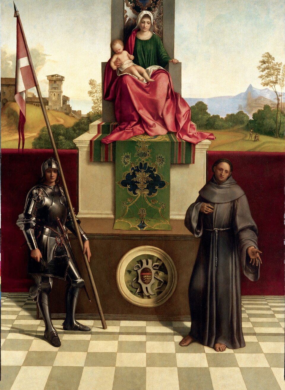 Ilustracja przedstawia obraz Giorgione’a „Madonna z Castelfranco”. W centrum obrazu znajduje się wysoki tron, na którym siedzi Madonna z małym Jezusem na kolanach. Ma na sobie zieloną suknię i czerwony, długi płaszcz. Pod tronem znajduje się zielony dywan z wzorami, opuszczony w dół na wysoki postument, dekorowany okrągłym herbem. Maria lewą rękę opiera na poręczy tronu, prawą podtrzymuje dziecko przepasane białą szatą. Po lewej stronie stoi rycerz w zbroi trzymając w lewym ręku chorągiew na długim drzewcu. Po prawej stoi bosy zakonnik w brązowej szacie. Lewą rękę ma skierowaną w stronę widza, prawą wskazuje na pierś. W tle obrazu widoczny jest pejzaż z fragmentem miasta. Tło stanowi jasne niebo z widocznym w oddali pasmem gór.  