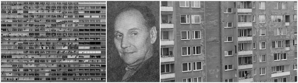 Ilustracja składa się z trzech zdjęć. Pierwsze zdjęcie po lewej stronie przedstawia kilkunastopiętrowy blok mieszkalny. Przy wielu z nich zamontowane są klimatyzatory. Zdjęcie po środku przedstawia lewy półprofil dojrzałego mężczyzny. Ma krótkie włosy z zakolami, lekko garbaty nos oraz drugi podbródek. Ubrany jest w koszulę i marynarkę. Trzecie zdjęcie po prawej stronie przedstawia kilka pięter bloku mieszkalnego. Przy niektórych mieszkaniach są balkony. W kilku miejscach na elewacji odpadł tynk.