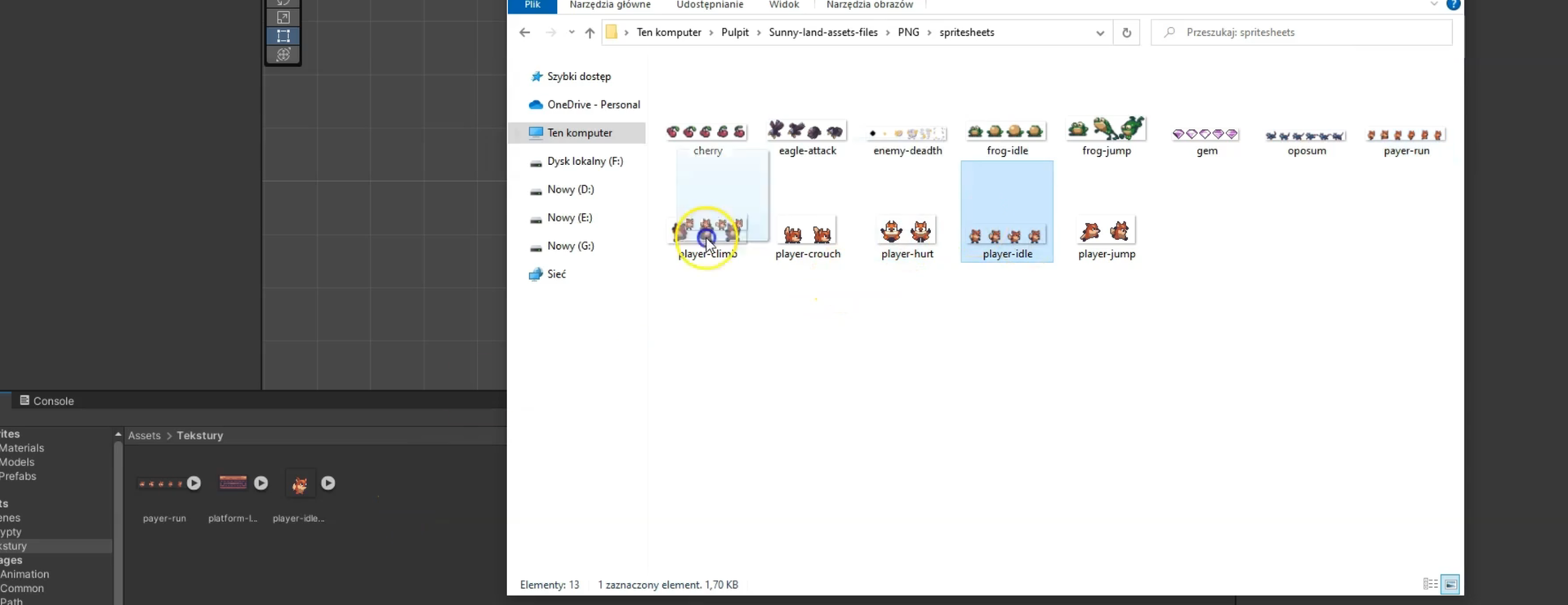 Zrzut ekranu przedstawia otwarty program Unity. Otwarty jest też folder z kilkoma plikami. Zaznaczony jest  player‑clima.