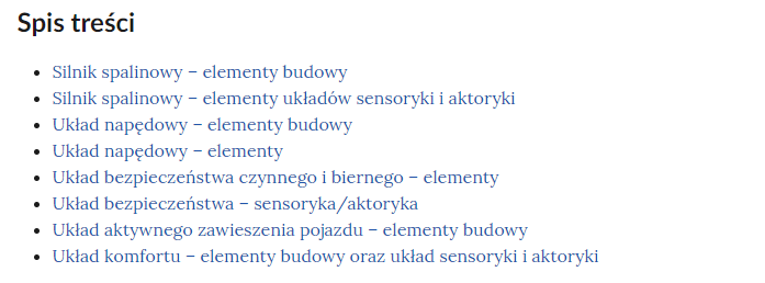 Grafika przedstawia widok spisu treści z wypisanymi kolejnymi tematami dostępnymi w materiale.