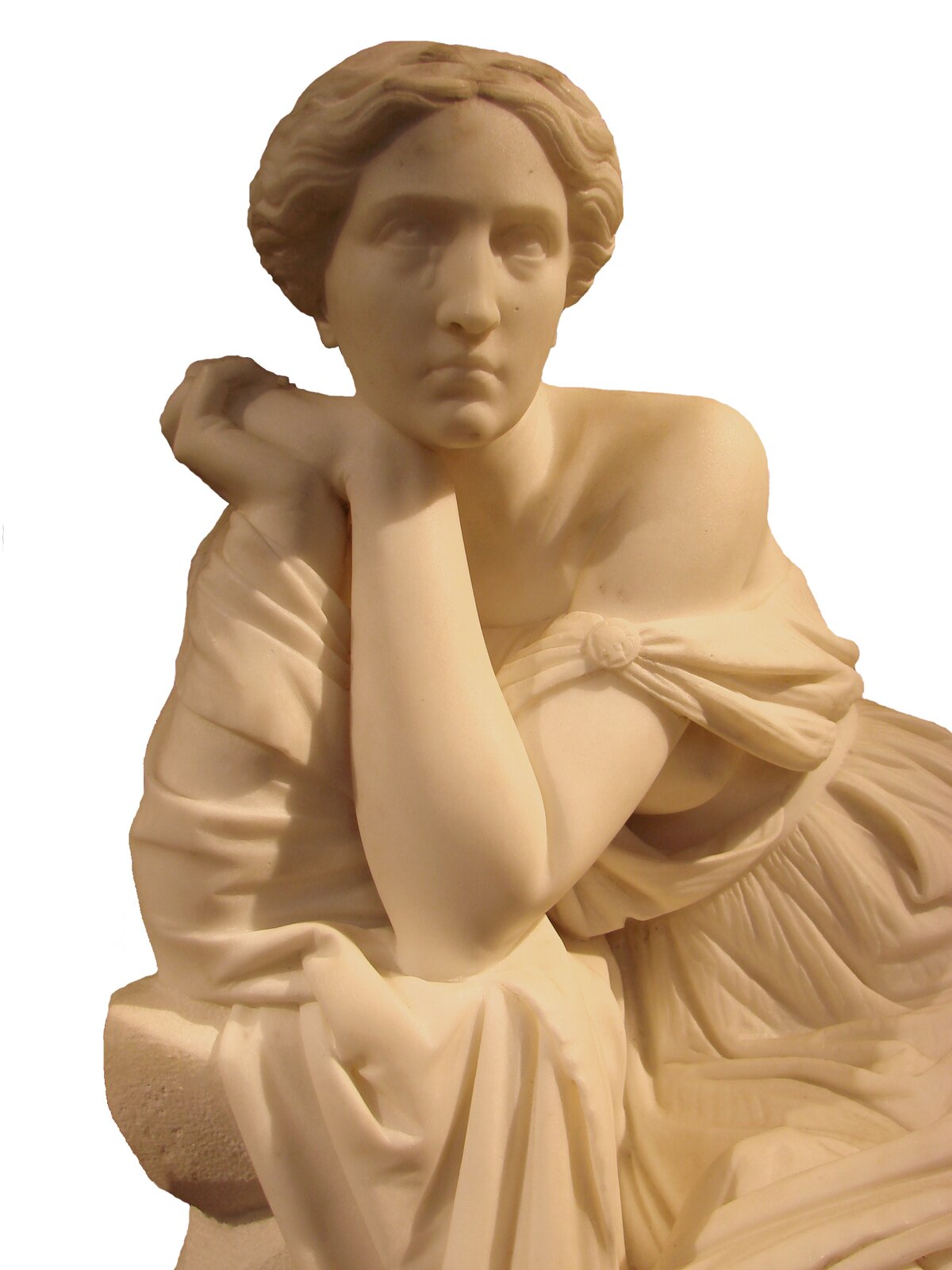 Kliknij, aby powiększyć. Rzeźba przedstawia nimfę Kalipso w pozie siedzącej. Kobieta jest młoda, piękna i pełna dostojeństwa. Ma na sobie szatę, spiętą na ramionach. Prawa ręka przykryta jest szalem, z lewego ramienia suknia lekko się zsuwa, co uwidacznia fragment piersi nimfy, nadając rzeźbie zmysłowości. Ciało ma przechylone nieco na prawą stronę. Ręce są zgięte w łokciach, a te opierają się o podłokietnik jakiegoś siedzenia. Dłonie kobiety są połączone, nimfa opiera o nie podbródek. Lekko falowane włosy Kalipso spięte są z tyłu głowy. Piękna twarz wyraża smutek, zamyślenie, oczy są wzniesione ku górze. Z jednego z policzków spływają łzy.