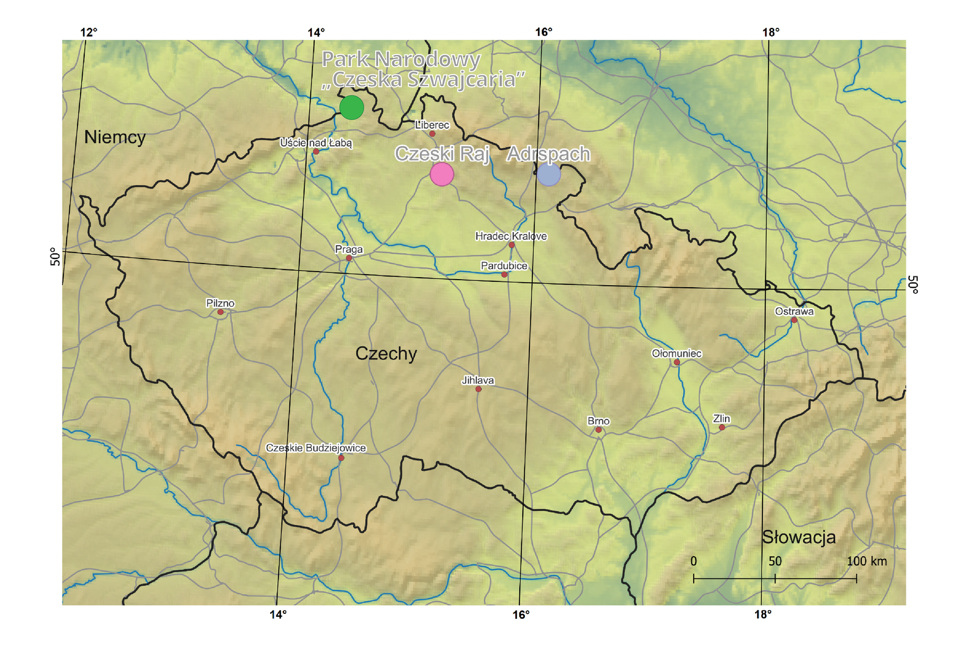 Mapa przedstawiająca lokalizację Czeskiego Raju i Adrspach w północnej części kraju.