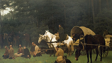 Ilustracja przedstawia niewolników znajdujących się na skraju lasu. Są oni związani, klęczą na kolanach. Pilnowani przez strażników jeżdżących konno. 