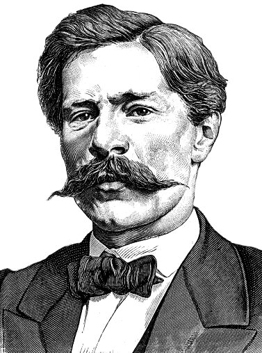 Ilustracja przedstawiająca mężczyznę w sile wieku. Postać ukazana od piersi w górę. Mężczyzna prezentuje lewy półprofil. Badacz ma kwadratową twarz, gęste włosy zaczesane na prawą stronę, wysokie czoło, wyraziste lekko zmarszczone brwi, mała opuchlizna pod oczami, duży nos, obfite wąsy, wydatne usta oraz dołek na brodzie. Ubrany jest w koszulę i marynarkę. Na szyi ma zawiązaną muchę.