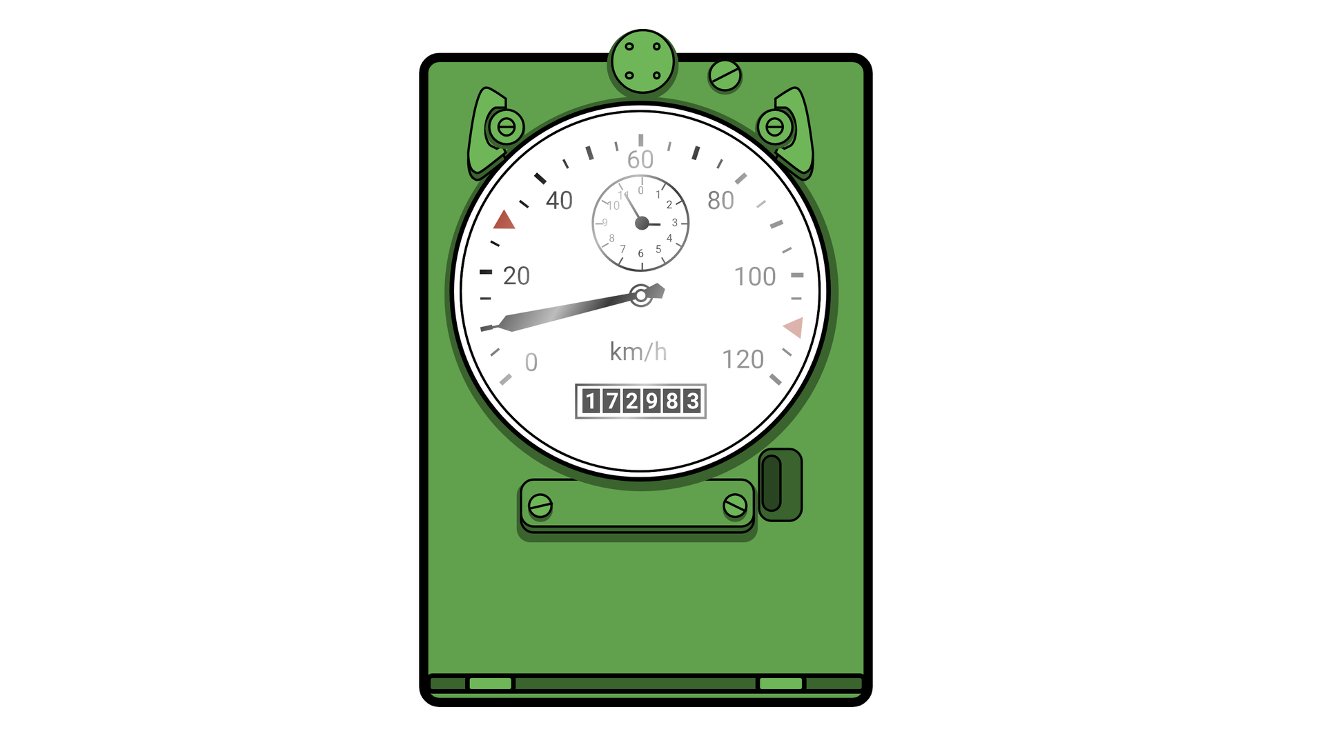 Grafika przedstawia prędkościomierz. Urządzenie to ma budowę niewielkiej skrzynki. Z przodu skrzynki znajduje się mechanizm, który zawiera tarczę prędkościomierza wraz ze wskazówką oraz tarczę zegarową. Liczby na zegarze biegną od zera do stu dwudziestu z podziałką co pięć. Wskazówka ustawiona jest na wartości dziesięć. Nad miejscem, w którym zamocowana jest wskazówka znajduje się mniejsza tarcza z dwiema wskazówkami. Wartości na tej tarczy wynoszą od zera do jedenastu. Dłuższa wskazówka na tej tarczy wskazuje jedenaście, a krótsza trzy. Pod zamocowaniem wskazówki głównej tarczy zapisana została jednostka, czyli kilometry na godzinę. Poniżej znajduje się licznik kilometrów wskazujący przebieg sto siedemdziesiąt dwa tysiące dziewięćset osiemdziesiąt trzy. 